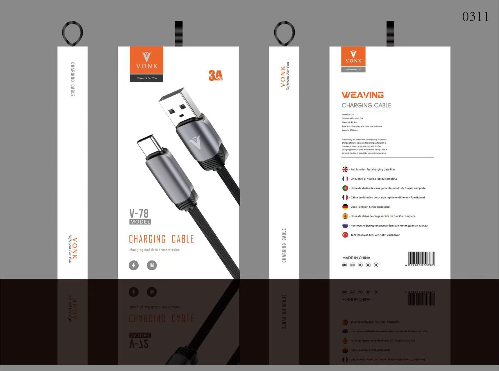 USB Type-C Charging Cable 1m Braided – Fast Charge 3A - V78 USB Type-C Charging Cable 1m Braided – Fast Charge 3A - V78